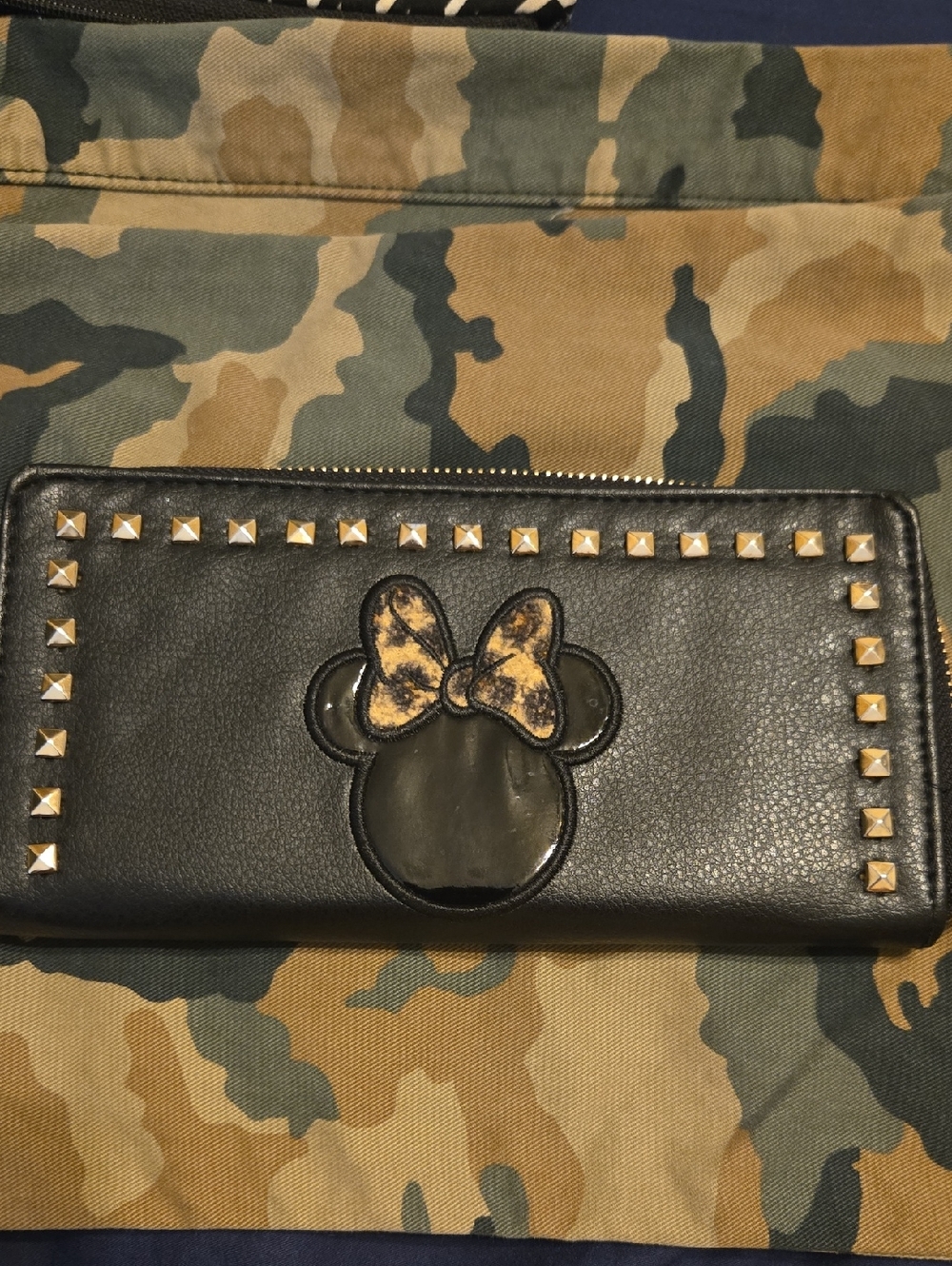 Disney Black Zip Wallet with Leopard-Print Bow and Gold Studs
